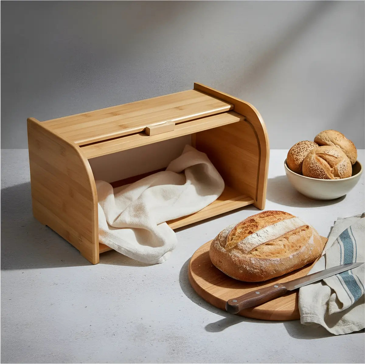 Caja Pan Panera Madera Bambu Con Tapa Enrollable Multiuso
