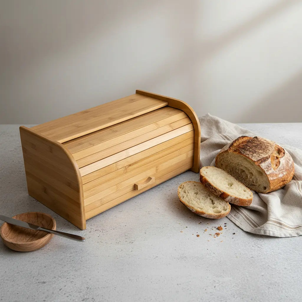 Caja Pan Panera Madera Bambu Con Tapa Enrollable Multiuso