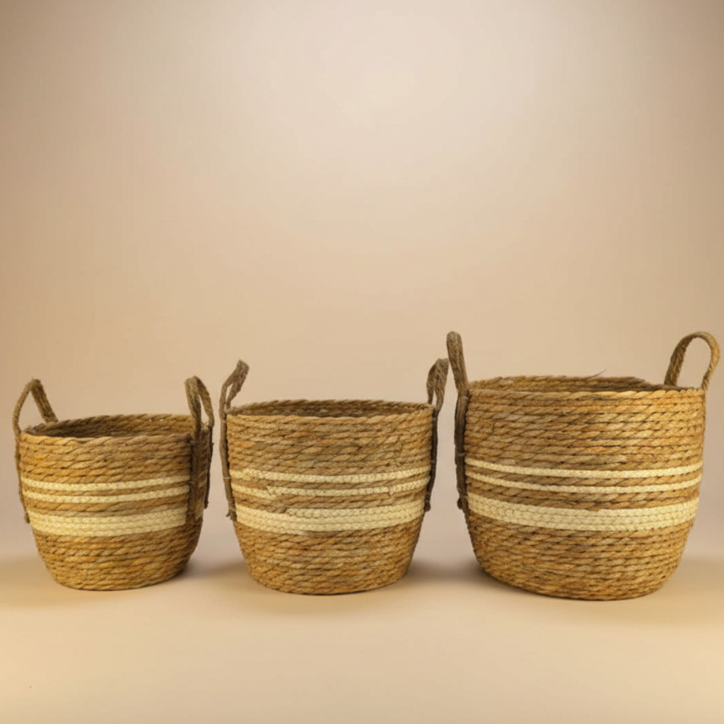 Set 3 Canastos Cesta De Yute Tejido Estilo Rustico Asas