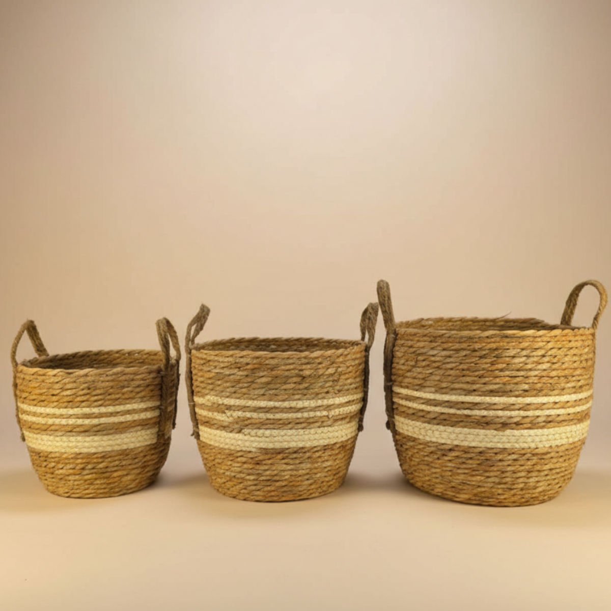 Set 3 Canastos Cesta De Yute Tejido Estilo Rustico Asas