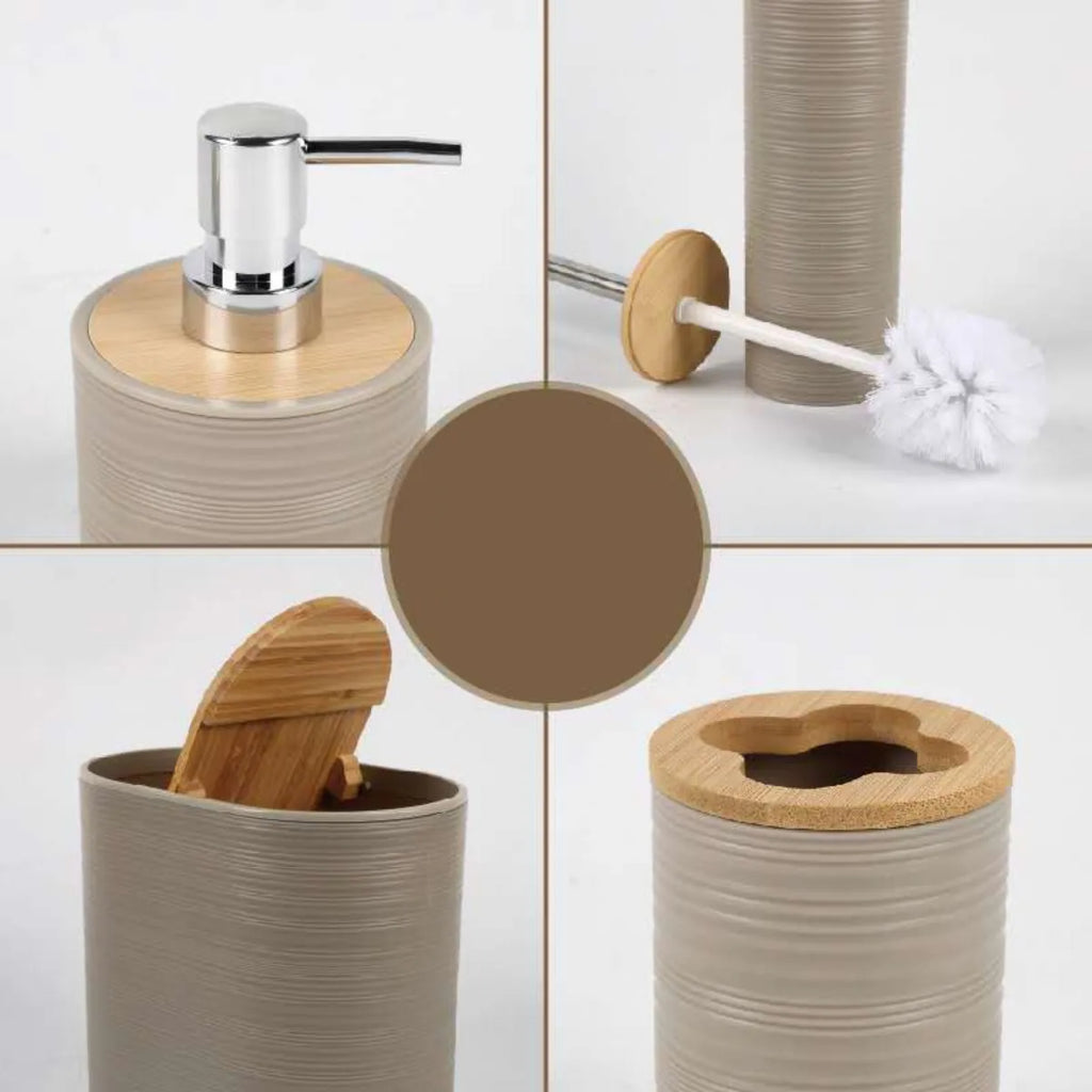 Set 6 Juego Accesorio Para Baño Bambu Decorativo Basurero