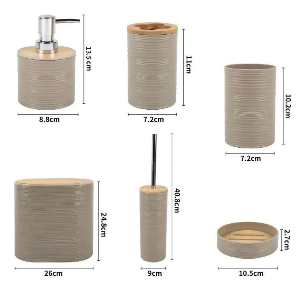 Set 6 Juego Accesorio Para Baño Bambu Decorativo Basurero