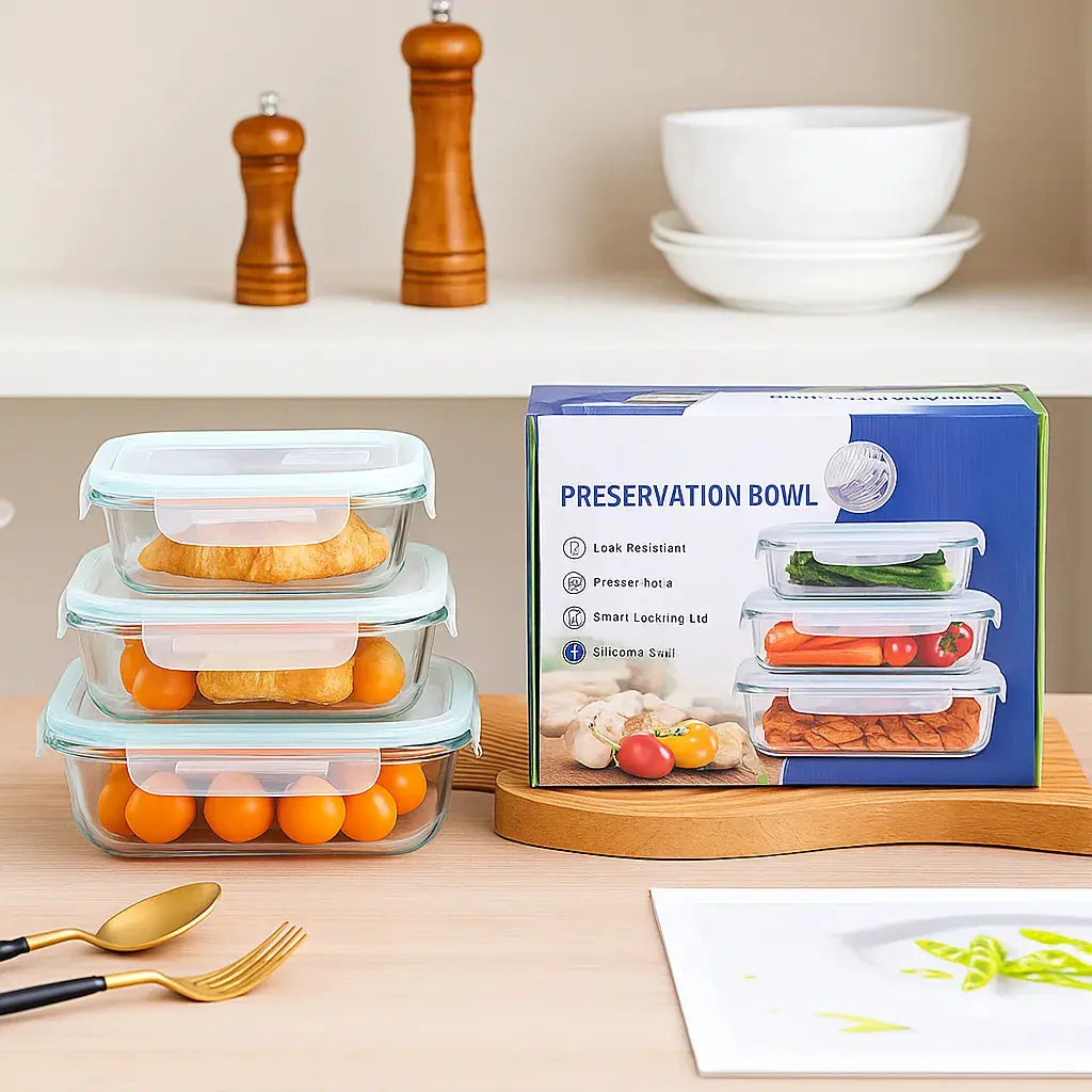 Set De 3 Contenedor Taper Vidrio Tapa Hermética Porta Comida