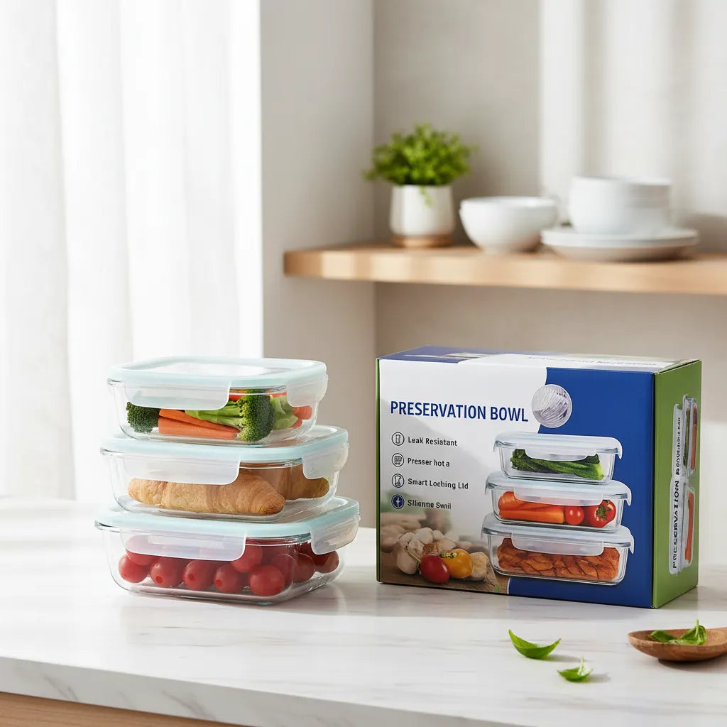 Set De 3 Contenedor Taper Vidrio Tapa Hermética Porta Comida