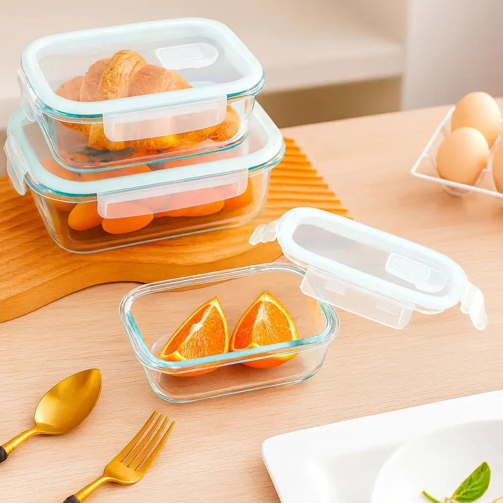 Set De 3 Contenedor Taper Vidrio Tapa Hermética Porta Comida