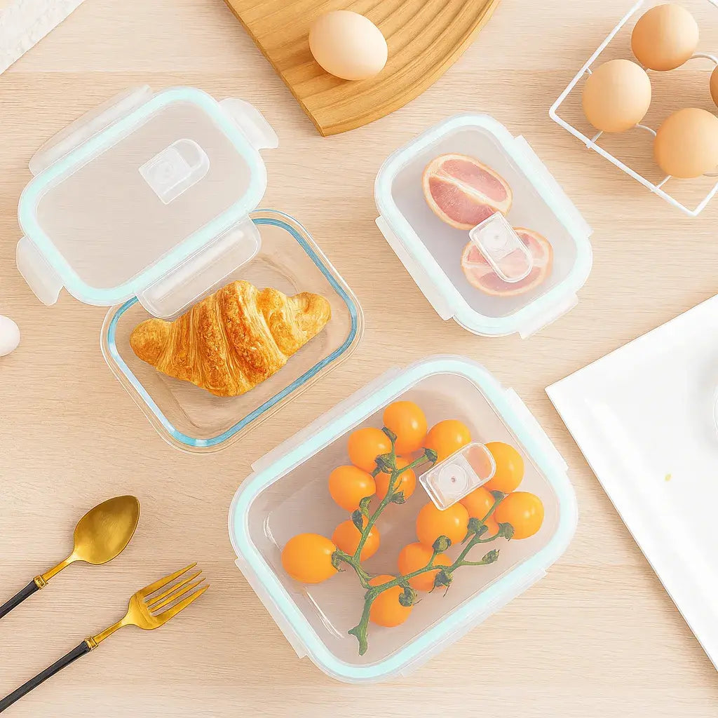 Set De 3 Contenedor Taper Vidrio Tapa Hermética Porta Comida