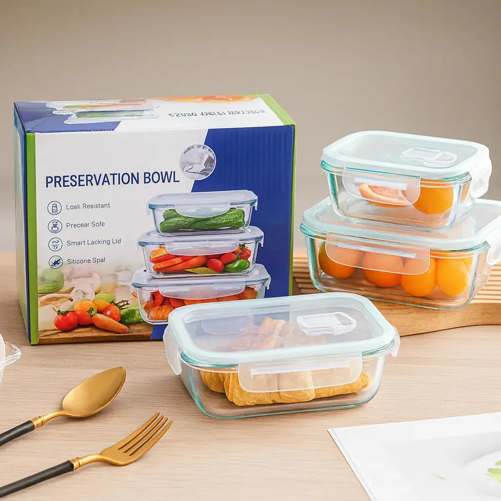 Set De 3 Contenedor Taper Vidrio Tapa Hermética Porta Comida