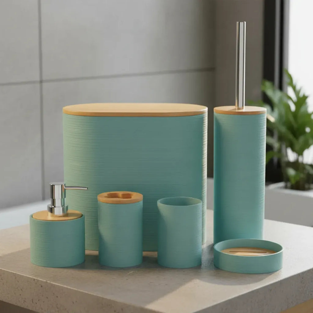 Set 6 Juego Accesorio Para Baño Bambu Decorativo Basurero