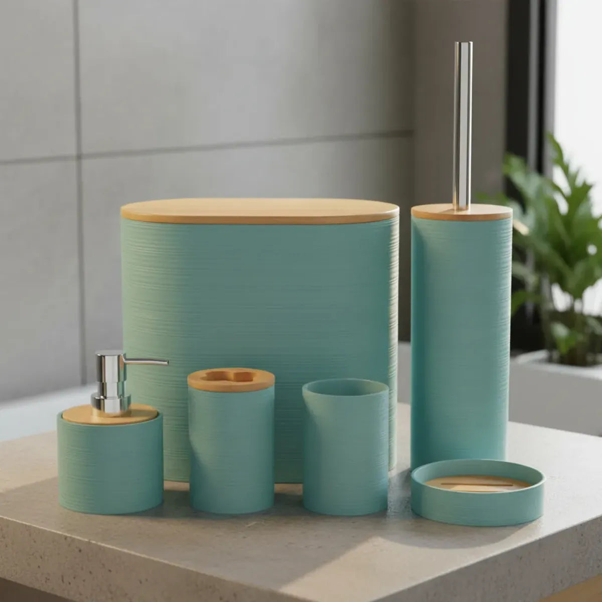 Set 6 Juego Accesorio Para Baño Bambu Decorativo Basurero