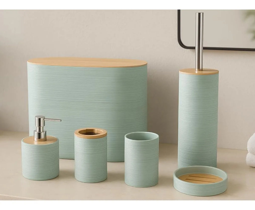 Set 6 Juego Accesorio Para Baño Bambu Decorativo Basurero