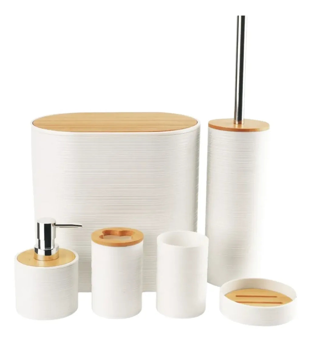 Set 6 Juego Accesorio Para Baño Bambu Decorativo Basurero