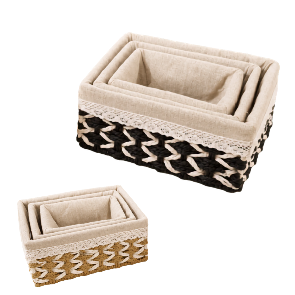 Set 3 Canasto Organizador Mimbre Tejido Bicolor Funda Tela