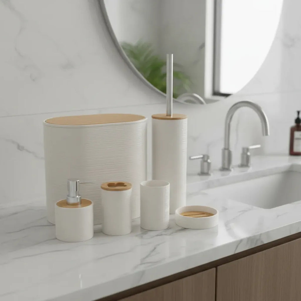 Set 6 Juego Accesorio Para Baño Bambu Decorativo Basurero