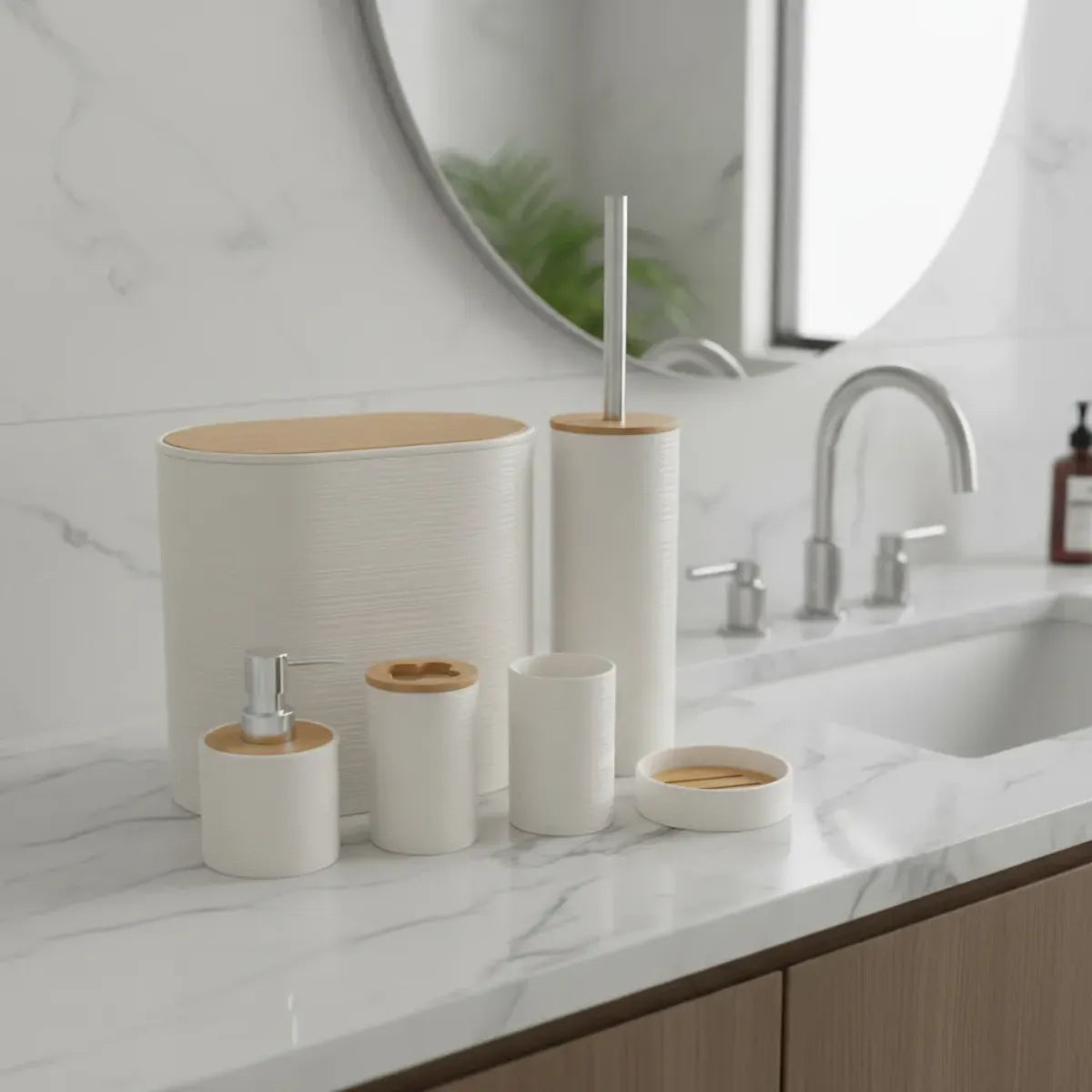 Set 6 Juego Accesorio Para Baño Bambu Decorativo Basurero