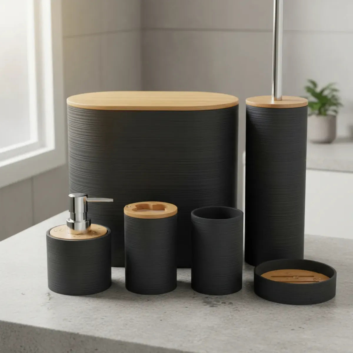 Set 6 Juego Accesorio Para Baño Bambu Decorativo Basurero