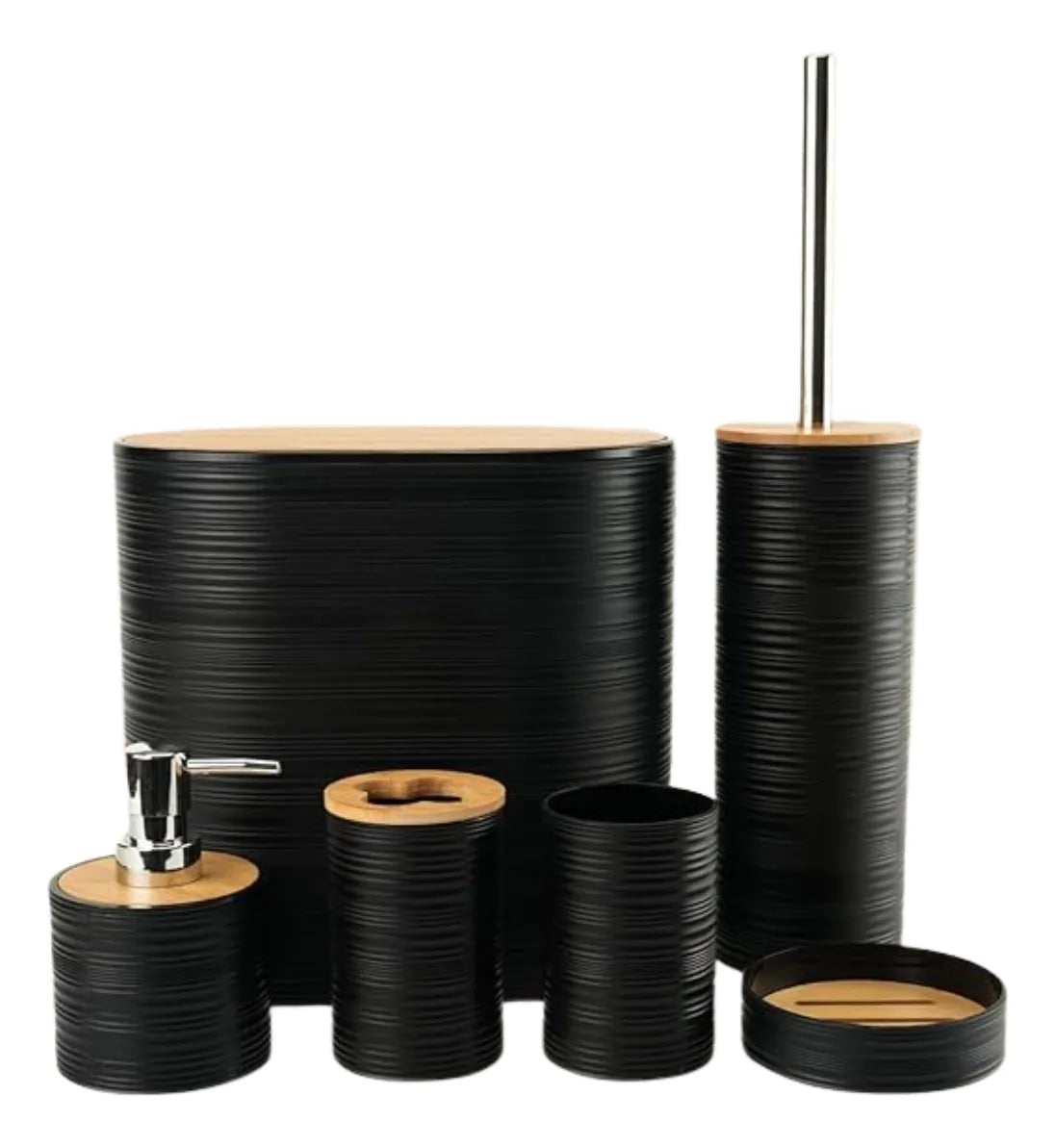 Set 6 Juego Accesorio Para Baño Bambu Decorativo Basurero