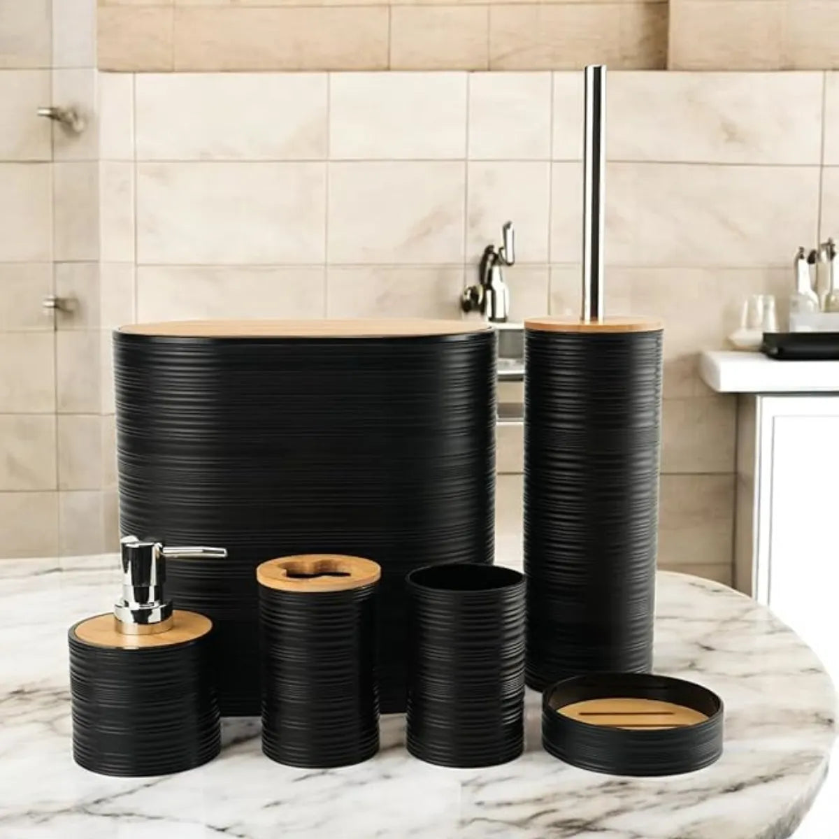 Set 6 Juego Accesorio Para Baño Bambu Decorativo Basurero