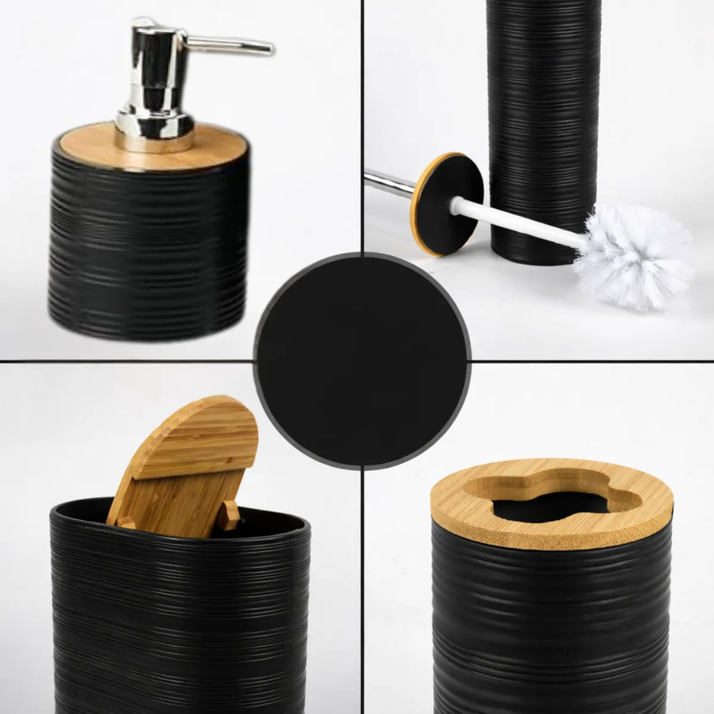 Set 6 Juego Accesorio Para Baño Bambu Decorativo Basurero