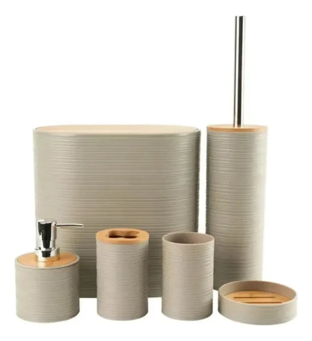 Set 6 Juego Accesorio Para Baño Bambu Decorativo Basurero
