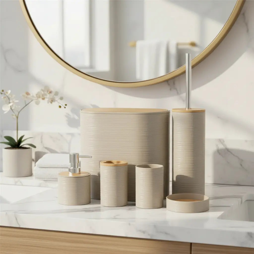 Set 6 Juego Accesorio Para Baño Bambu Decorativo Basurero