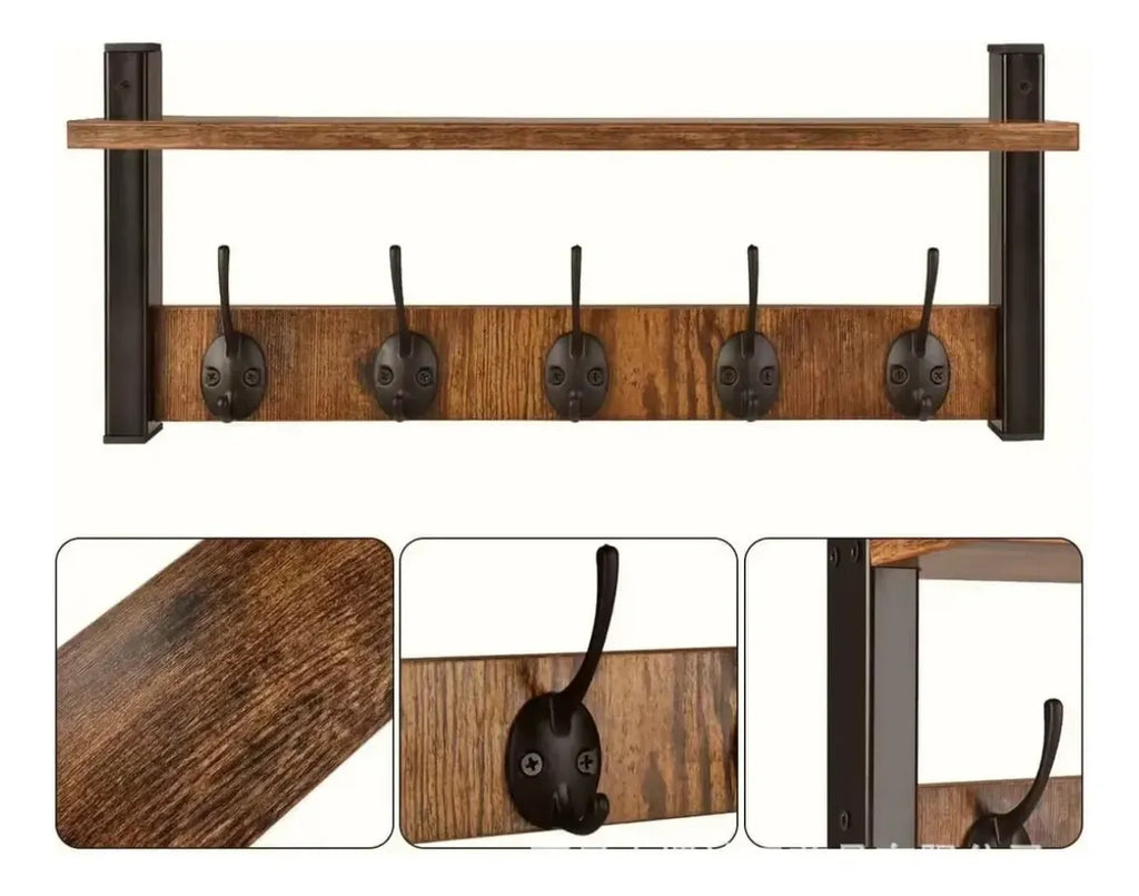 Repisa Estante De Pared 5 Ganchos Porta Llave Gorro Marrón