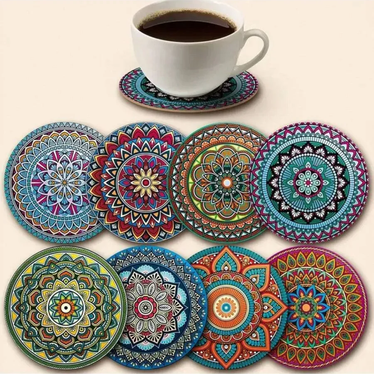 Set 8 Posavasos Madera Deseño Mandala Antideslizante