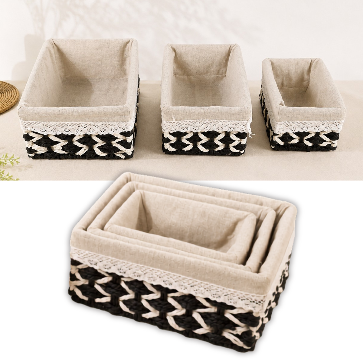 Set 3 Canasto Organizador Mimbre Tejido Bicolor Funda Tela