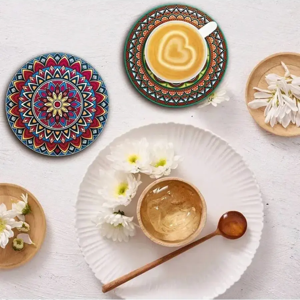 Set 8 Posavasos Madera Deseño Mandala Antideslizante