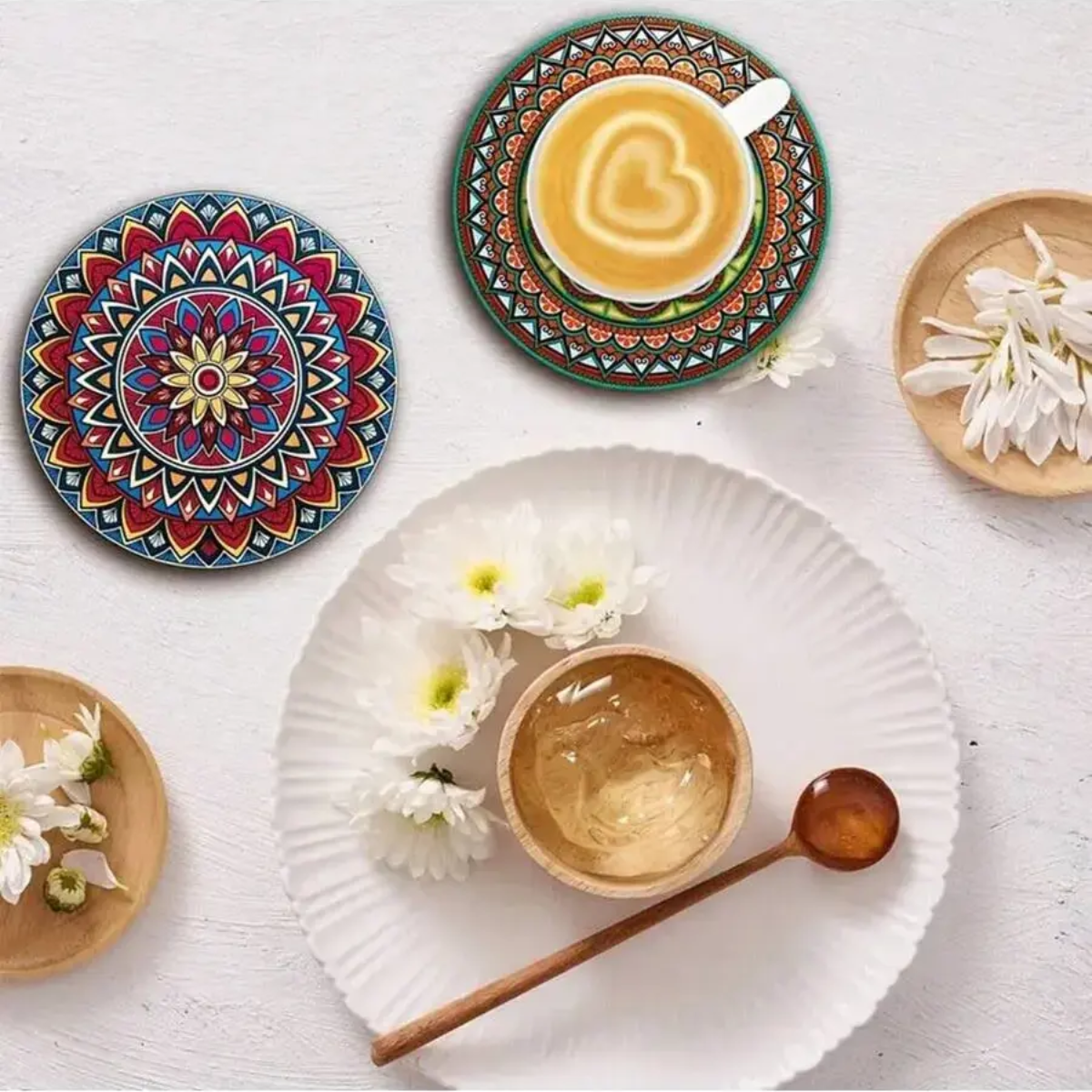Set 8 Posavasos Madera Deseño Mandala Antideslizante