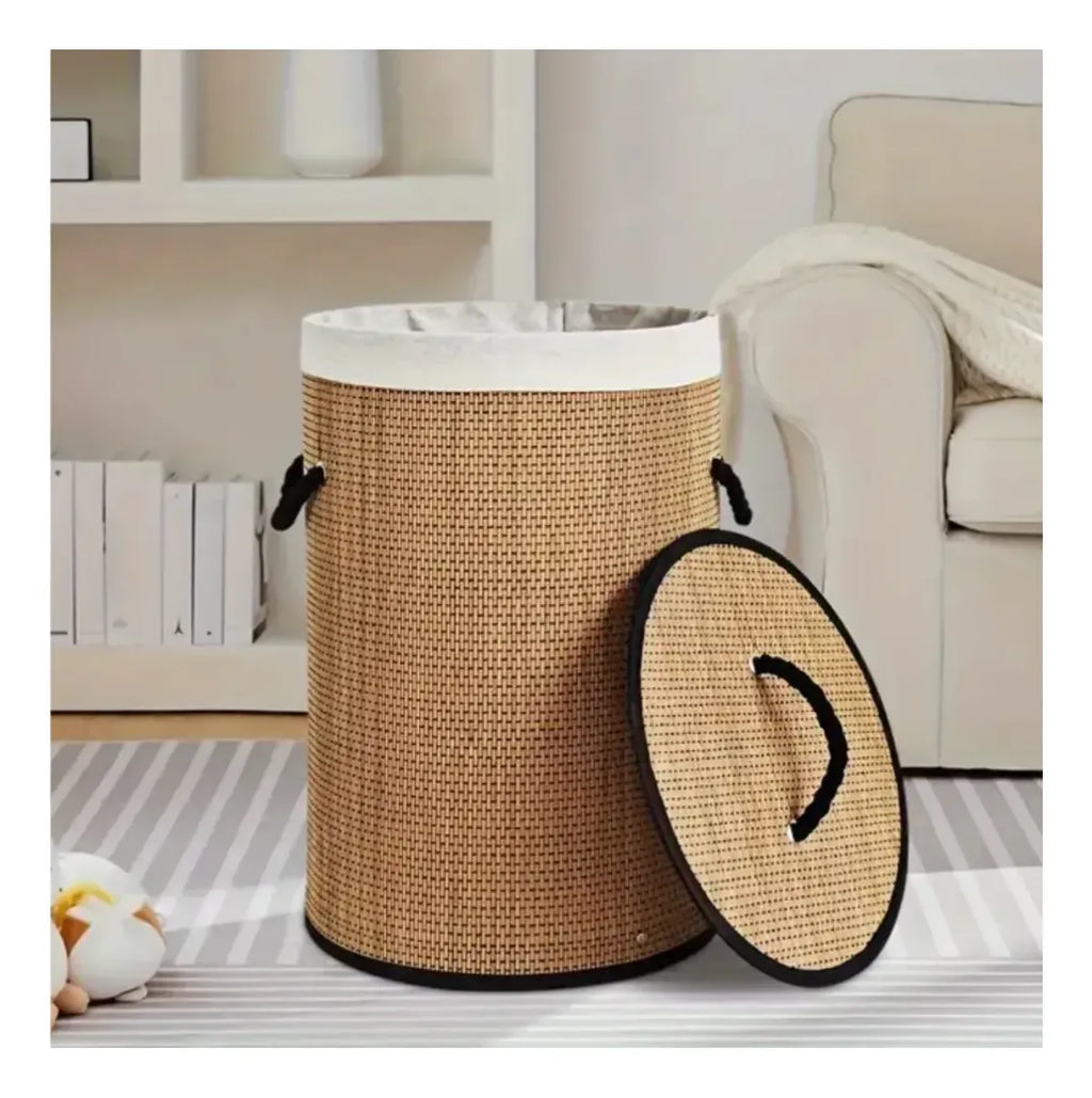Canasto Ropa Sucia Milan Bambu Borde Hilo Negro Plegable
