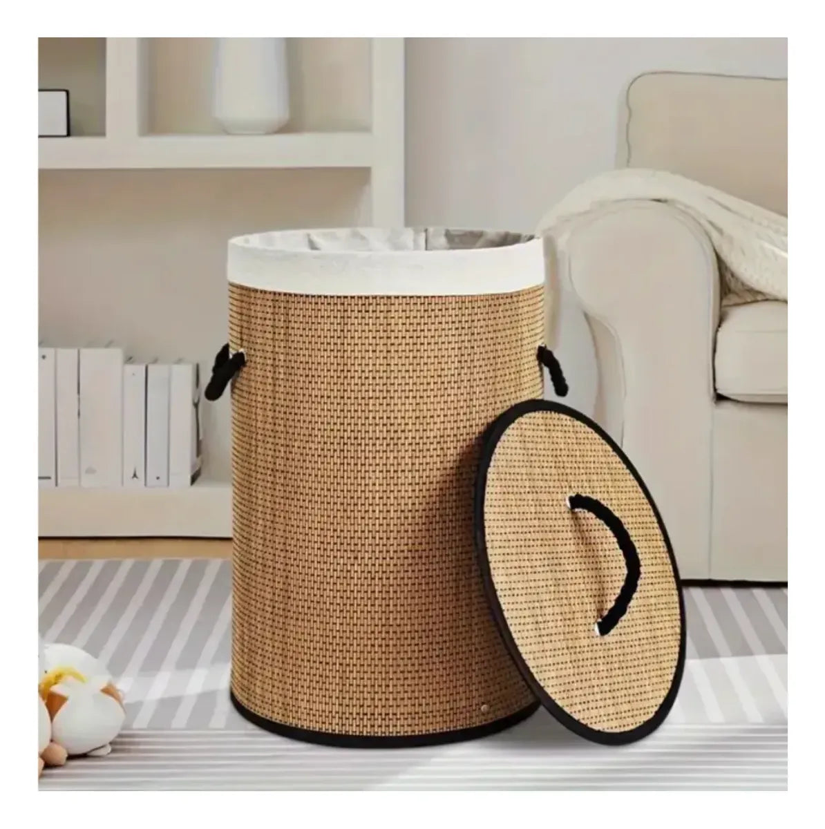 Canasto Ropa Sucia Milan Bambu Borde Hilo Negro Plegable
