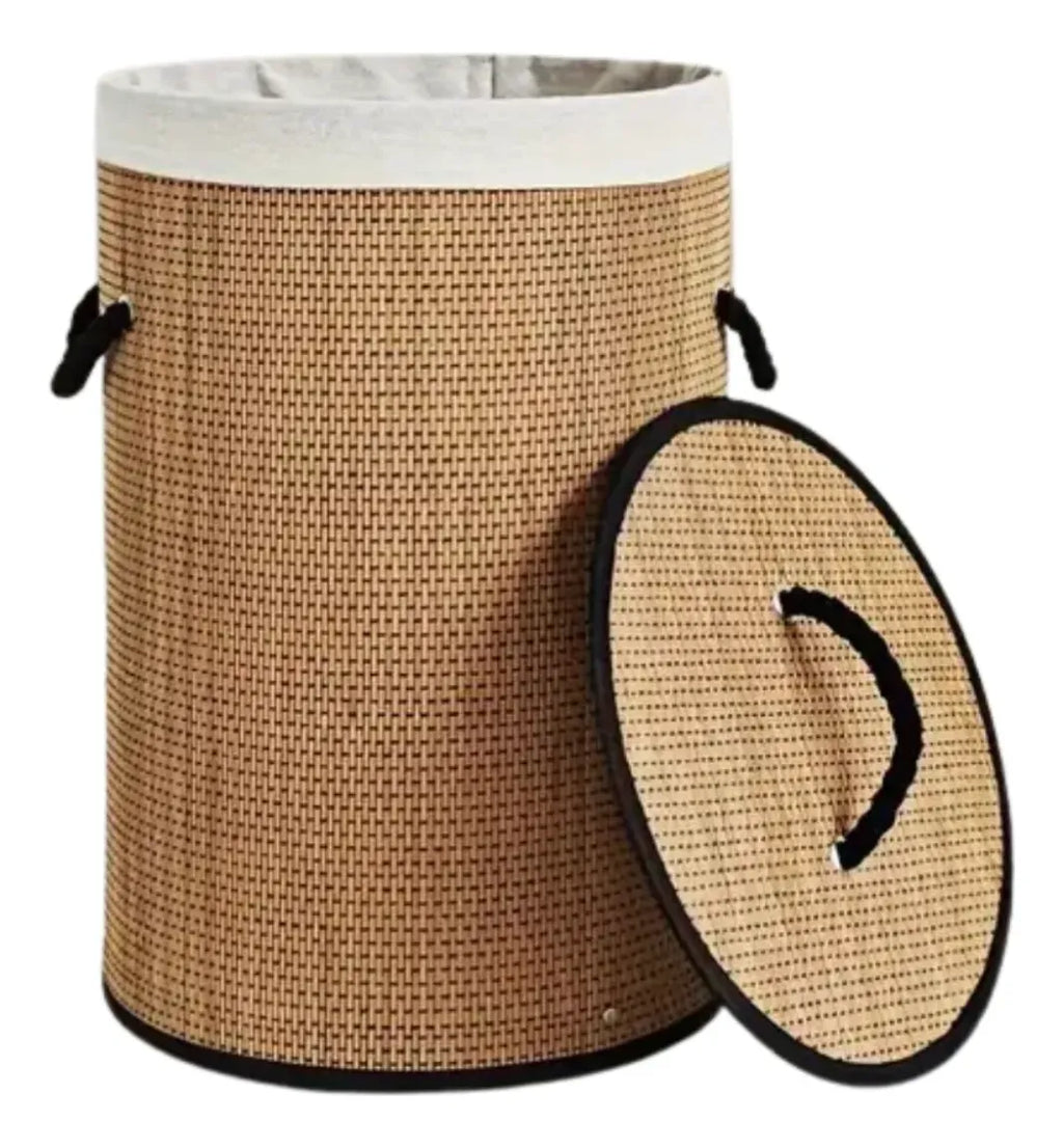 Canasto Ropa Sucia Milan Bambu Borde Hilo Negro Plegable