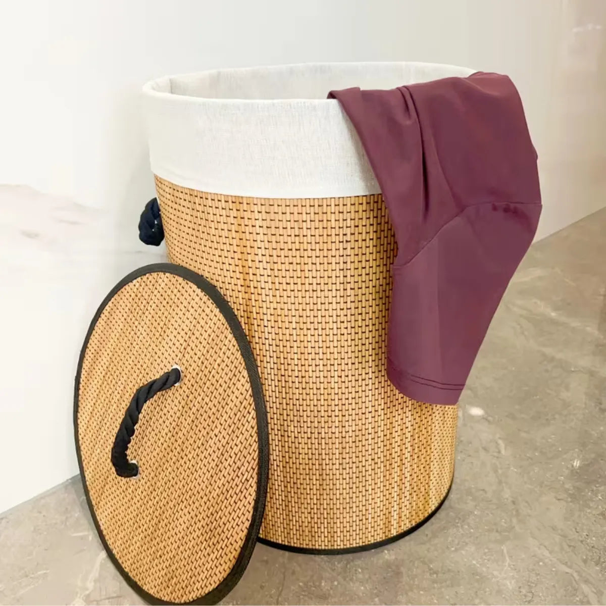 Canasto Ropa Sucia Milan Bambu Borde Hilo Negro Plegable