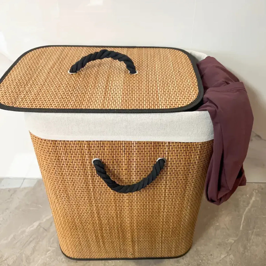 Canasto Ropa Sucia Milan Bambu Borde Hilo Negro Plegable