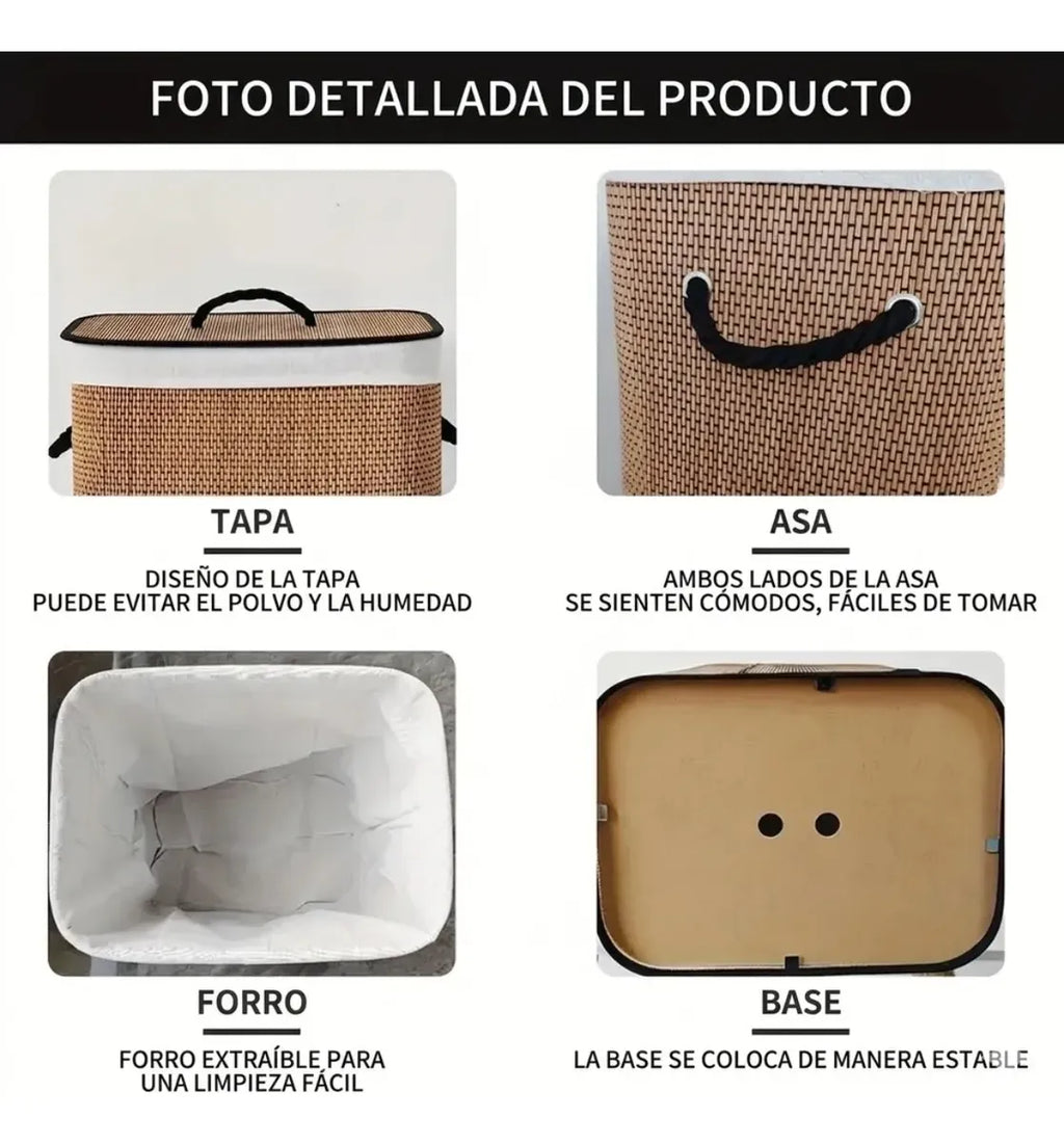 Canasto Ropa Sucia Milan Bambu Borde Hilo Negro Plegable