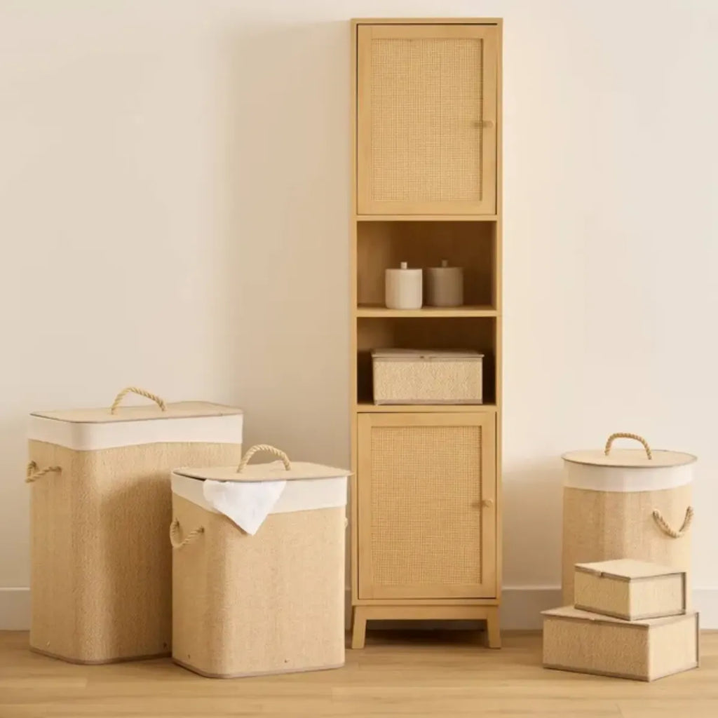 Canasto Ropa Sucia Aurora Bambu Tapa Plegable Hilo Beige