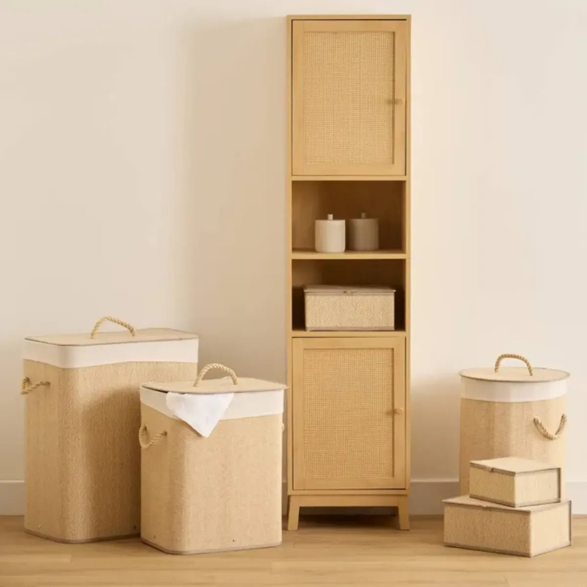 Canasto Ropa Sucia Aurora Bambu Tapa Plegable Hilo Beige