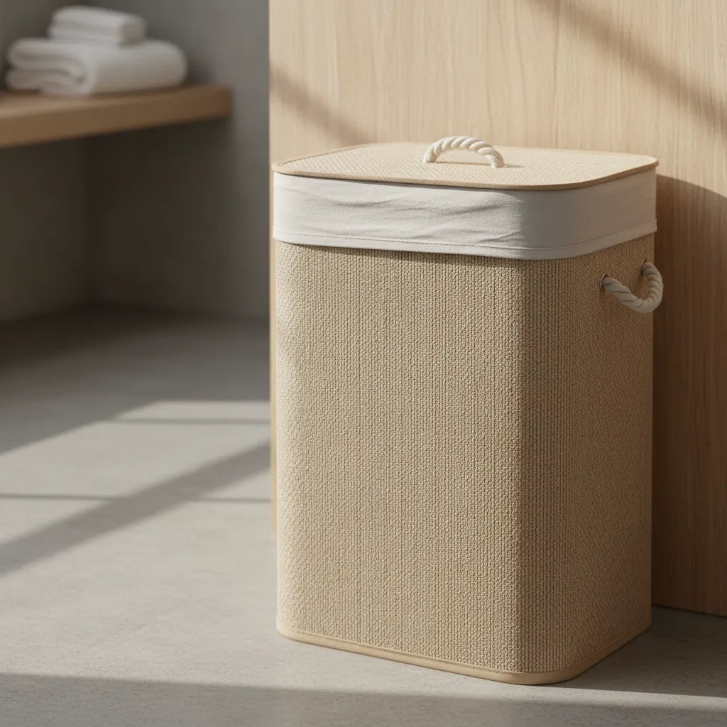 Canasto Ropa Sucia Aurora Bambu Tapa Plegable Hilo Beige