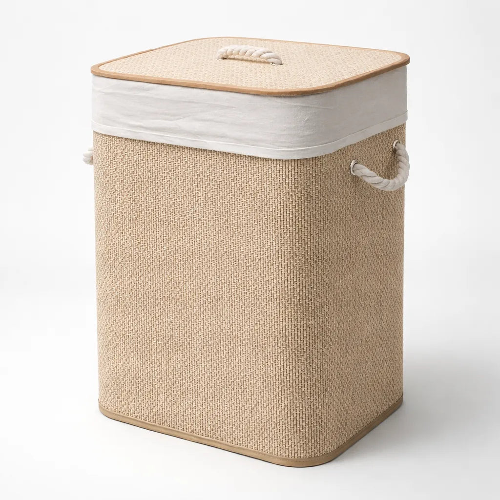 Canasto Ropa Sucia Aurora Bambu Tapa Plegable Hilo Beige