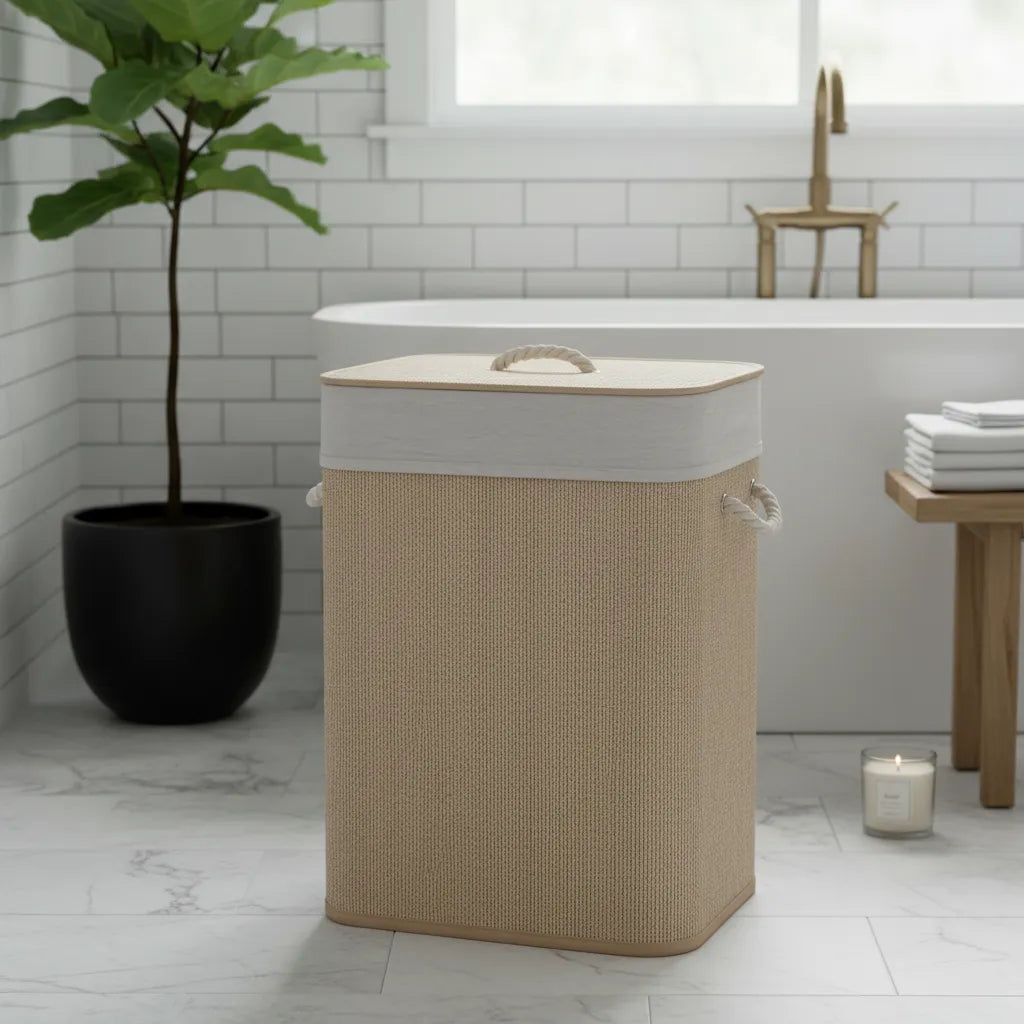 Canasto Ropa Sucia Aurora Bambu Tapa Plegable Hilo Beige