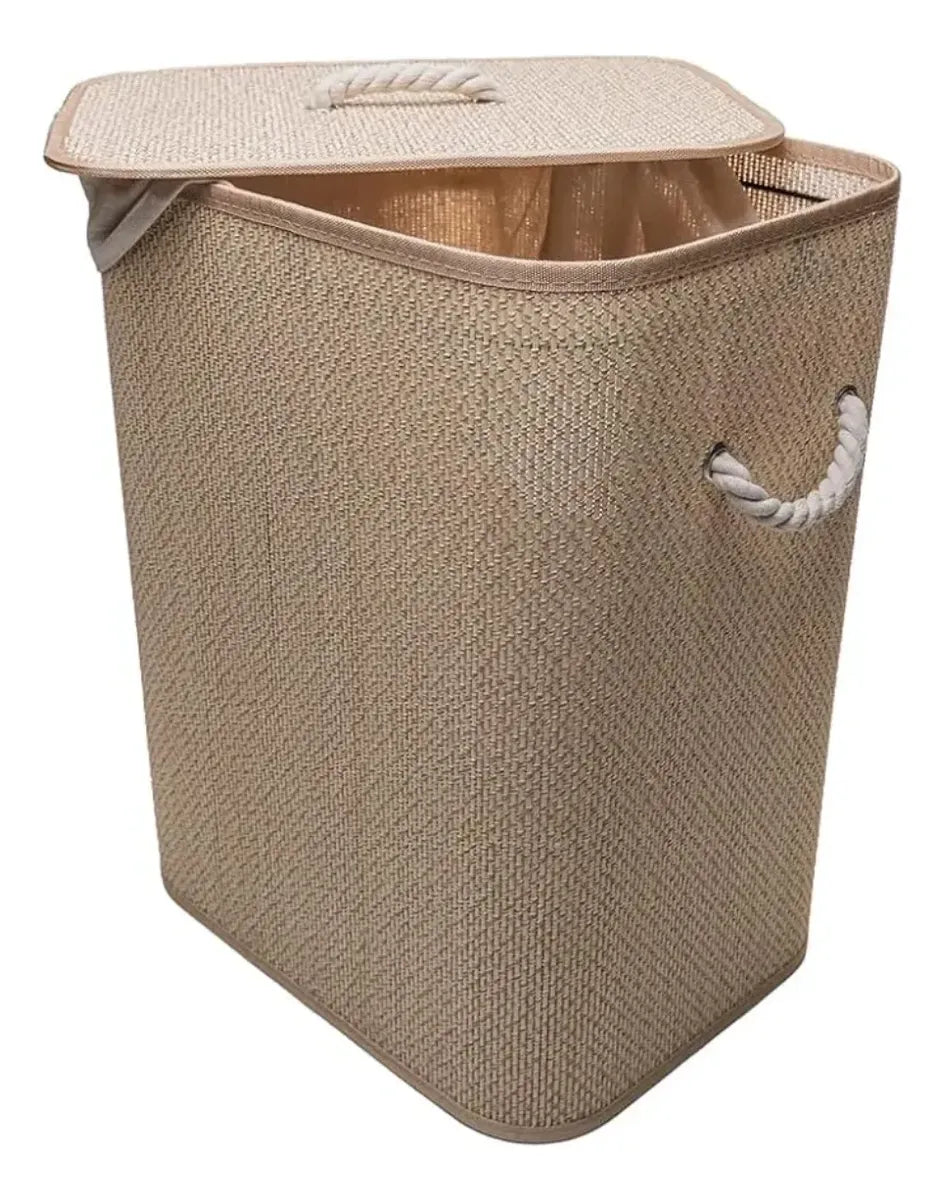 Canasto Ropa Sucia Aurora Bambu Tapa Plegable Hilo Beige