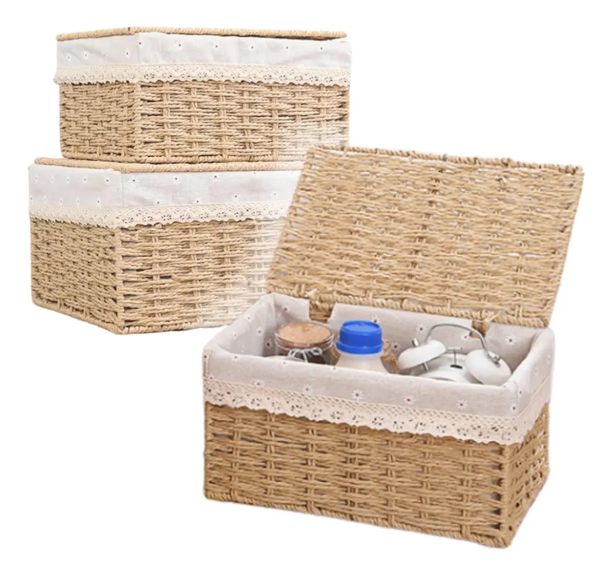 2 Set Cesta Almacenamiento Tejida Mimbre Con Tapa