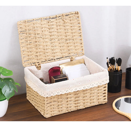 2 Set Cesta Almacenamiento Tejida Mimbre Con Tapa