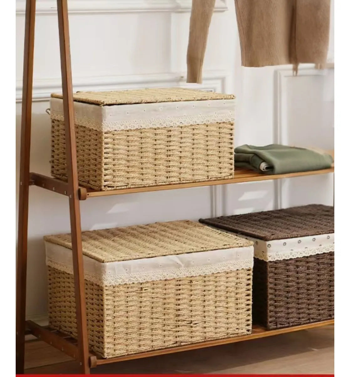 2 Set Cesta Almacenamiento Tejida Mimbre Con Tapa