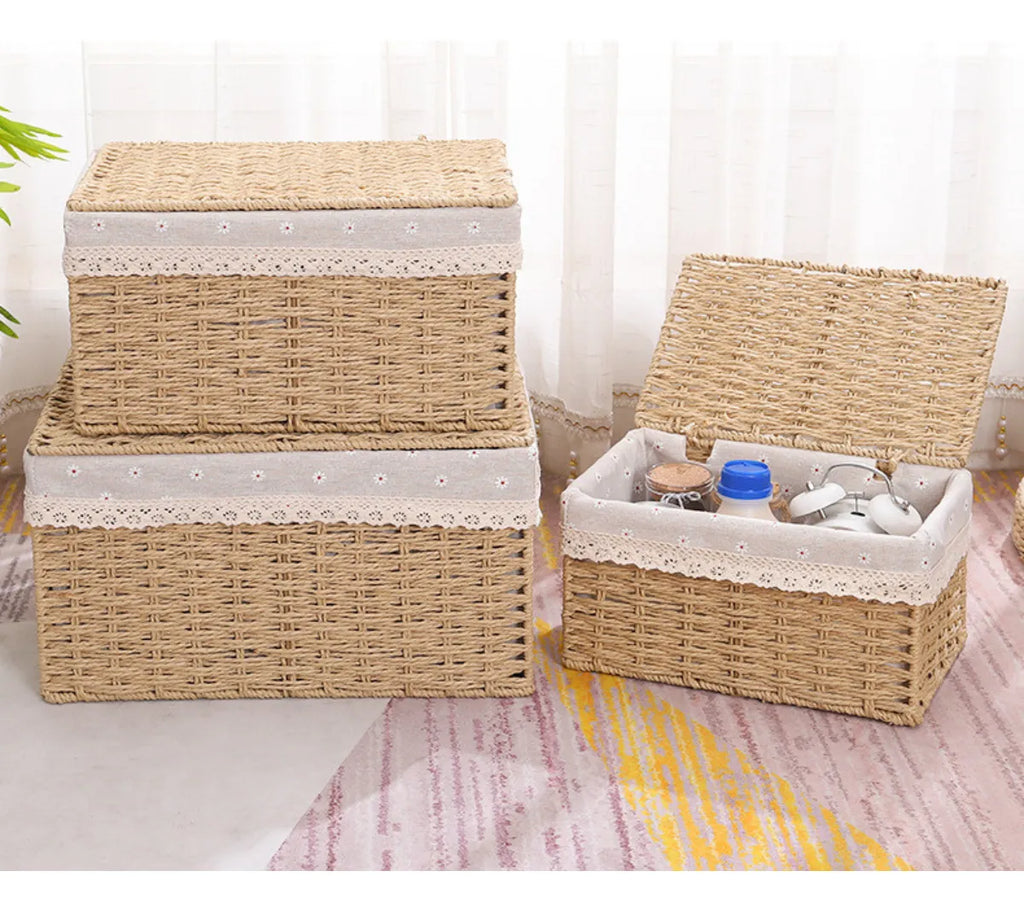 2 Set Cesta Almacenamiento Tejida Mimbre Con Tapa