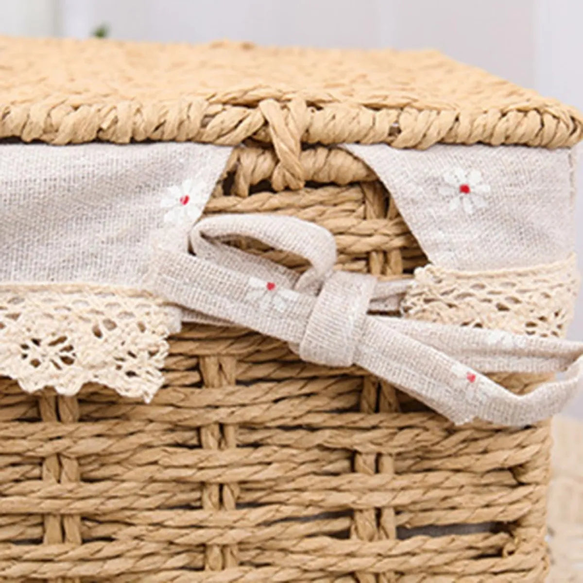 2 Set Cesta Almacenamiento Tejida Mimbre Con Tapa