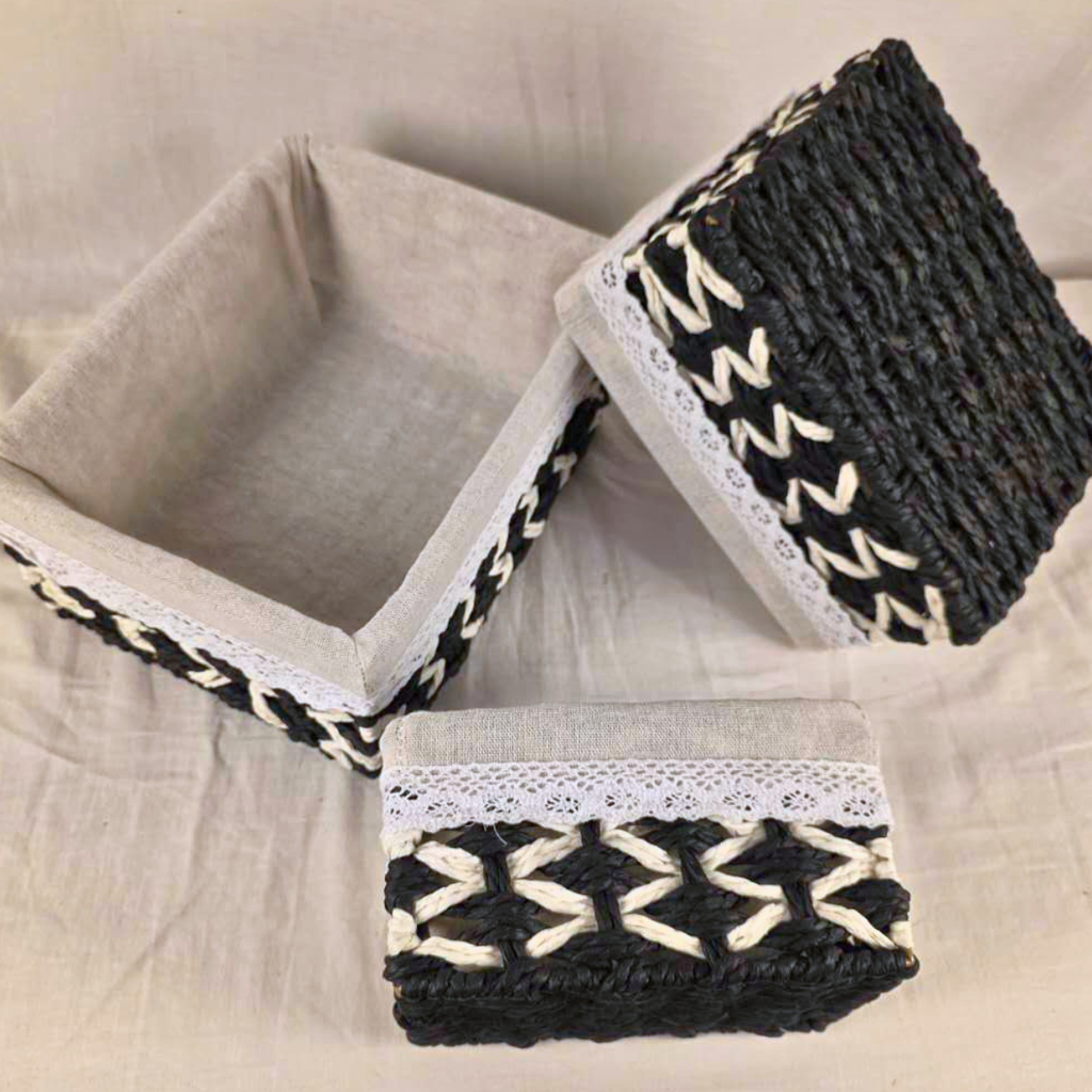 Set 3 Canasto Organizador Mimbre Tejido Bicolor Funda Tela