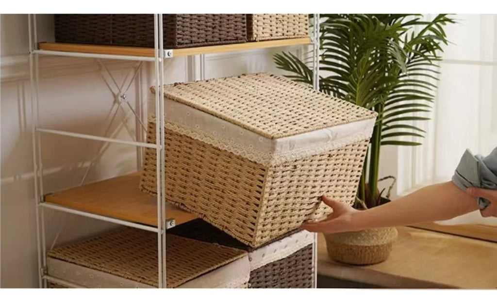 2 Set Cesta Almacenamiento Tejida Mimbre Con Tapa