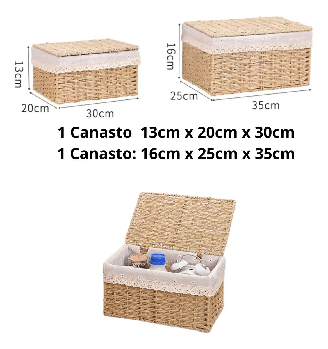 2 Set Cesta Almacenamiento Tejida Mimbre Con Tapa