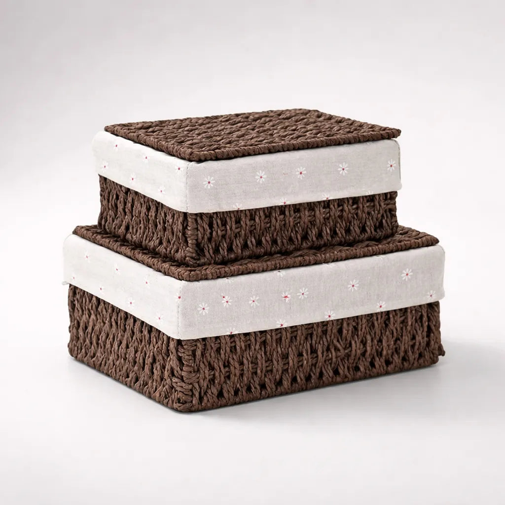 2 Set Cesta Almacenamiento Tejida Mimbre Con Tapa